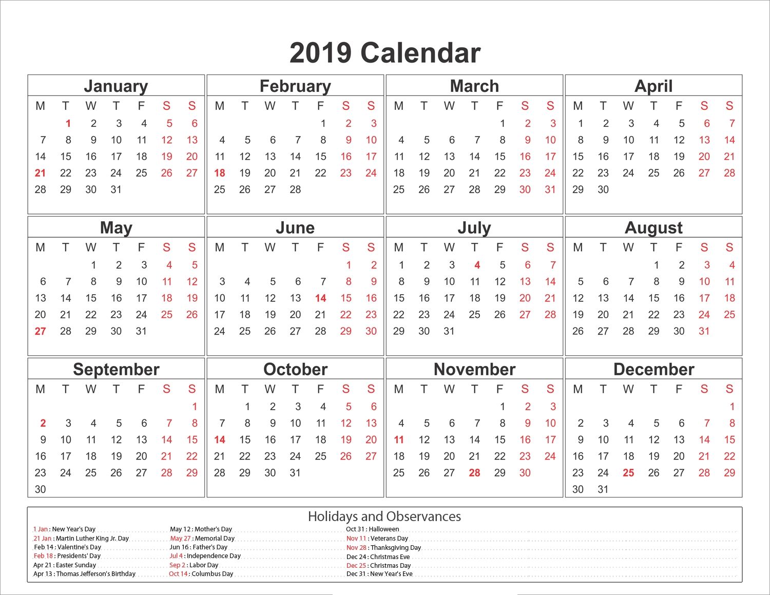 New Year Calendar 2019 Printable Calendar With Holidays